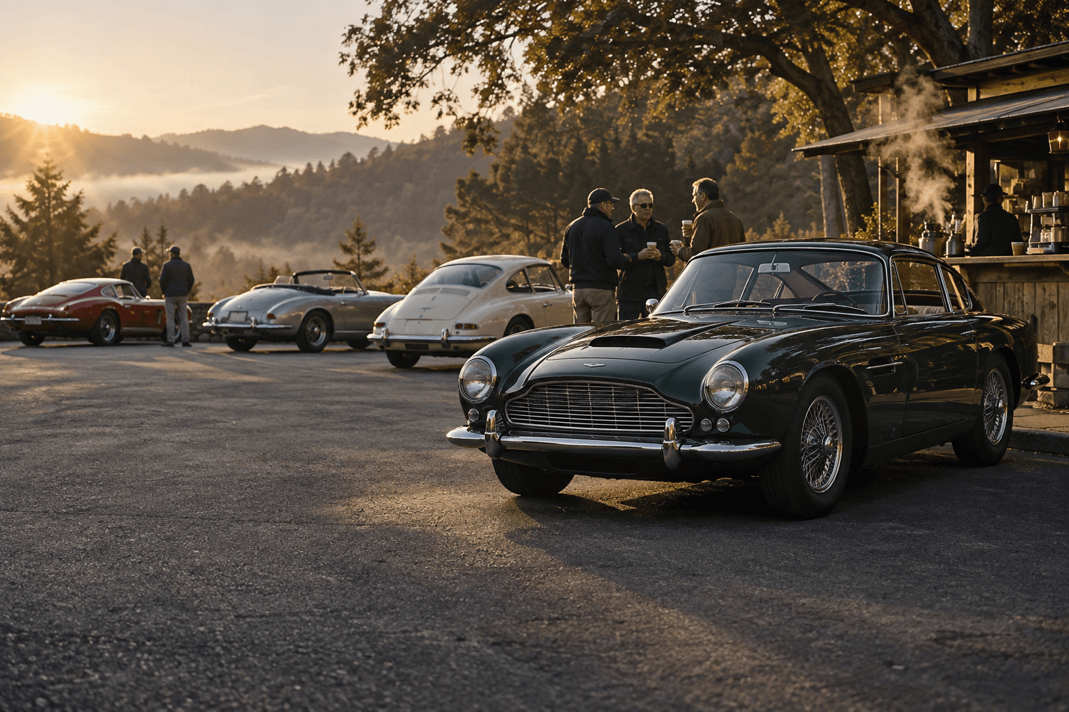 Classic cars and enthusiasts at a sunrise coffee stop.