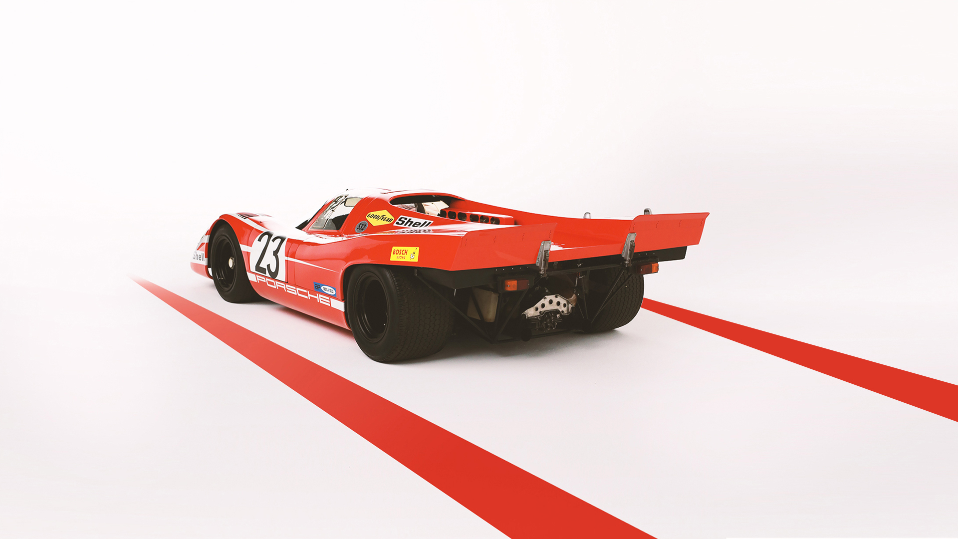 Number 23 in Salzburg red: Porsche’s 2019 editorial presentation of the livery associated with its first overall Le Mans victory in 1970. Contemporary photograph, not a photograph taken during the 1970 race. Photo © Porsche AG / Porsche Newsroom.