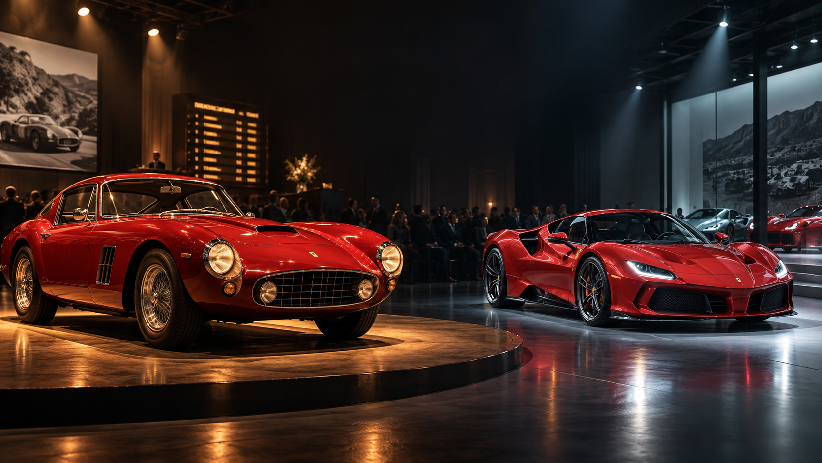 A 1960s V12 Ferrari faces a modern hybrid supercar under the auction lights—the collector market’s old money versus its newest gamble.