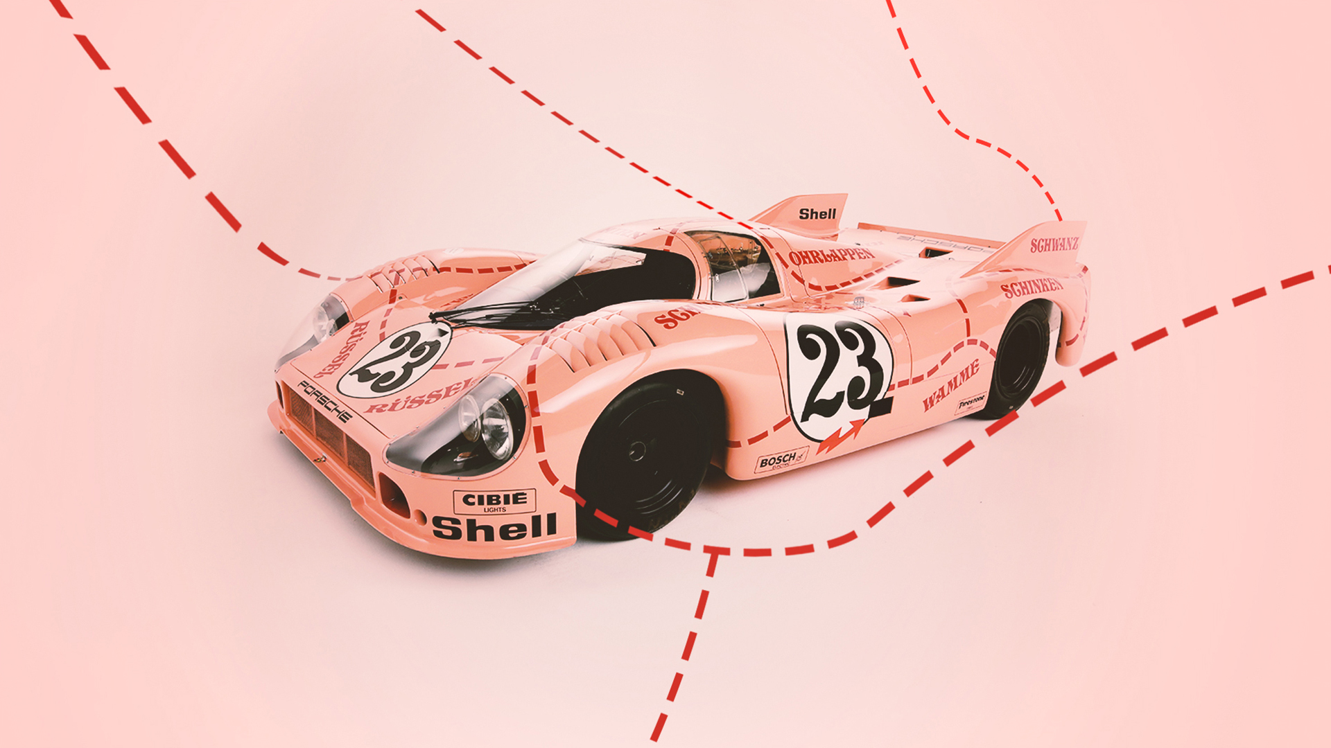The broad-bodied Porsche 917/20 “Pink Pig,” in Porsche’s 2019 editorial imagery. Its butcher’s-cut livery is part of the car’s identity; this is a contemporary presentation, not a period race photograph. Photo © Porsche AG / Porsche Newsroom.