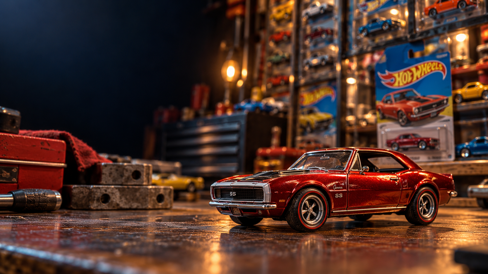 A collector’s workbench, surrounded by carded Hot Wheels cars and the kind of display that turns a few toy cars into a serious automotive collection.