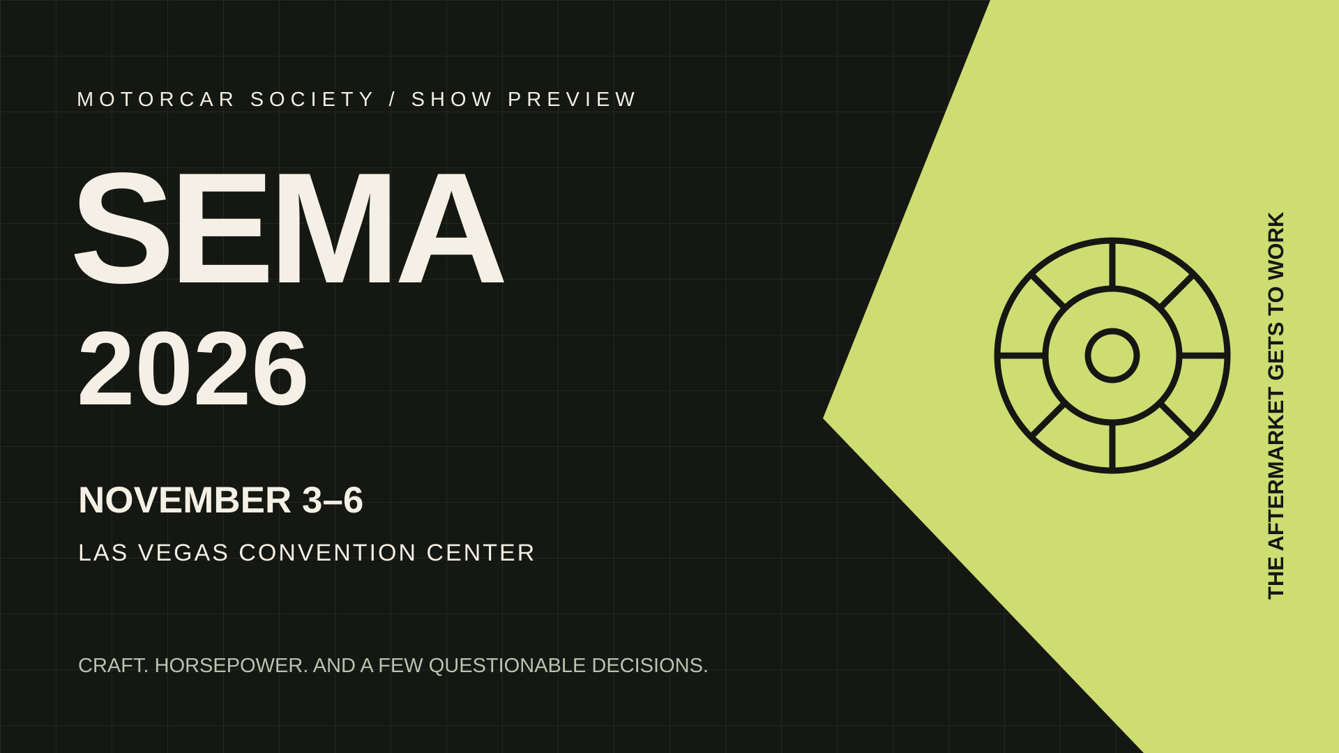 Original Motorcar Society editorial graphic for the 2026 SEMA Show preview. Event dates: November 3–6, Las Vegas Convention Center.