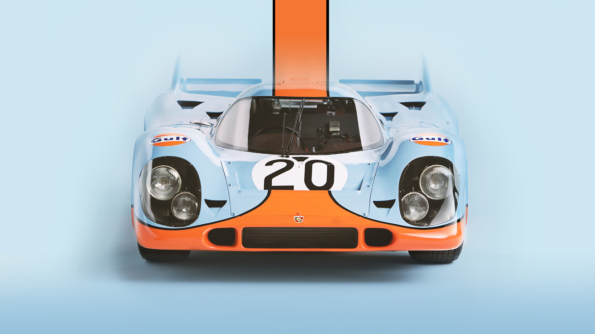 Porsche 917 in number 20 Gulf livery, in Porsche’s 2019 editorial imagery. The colors evoke Steve McQueen’s Le Mans; this is not a period film still or a claim that the pictured car is chassis 917-022. Photo: Porsche AG.