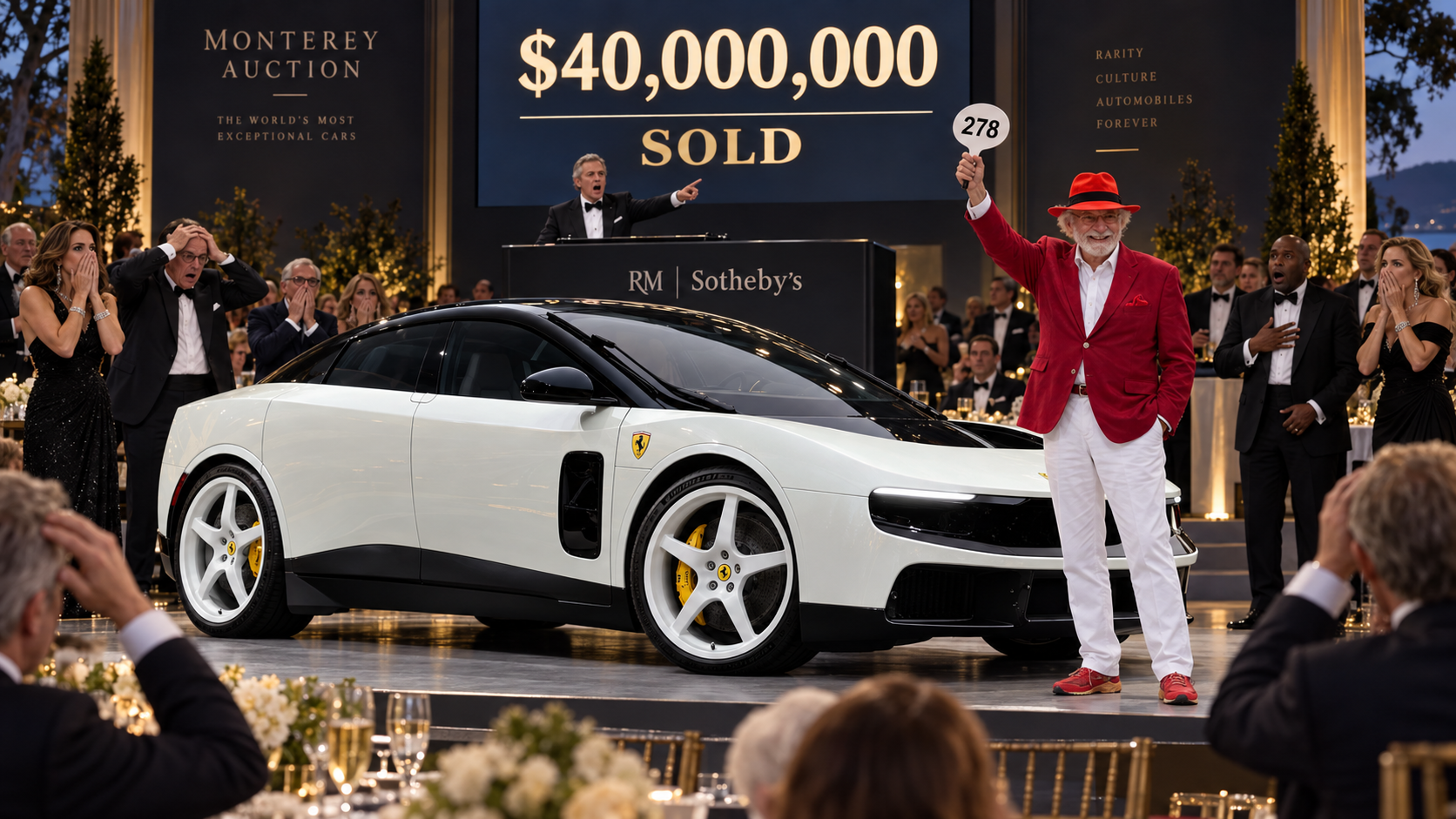 The $40 million price, Wertheim raising the winning paddle, and the room reacting in collective horror.