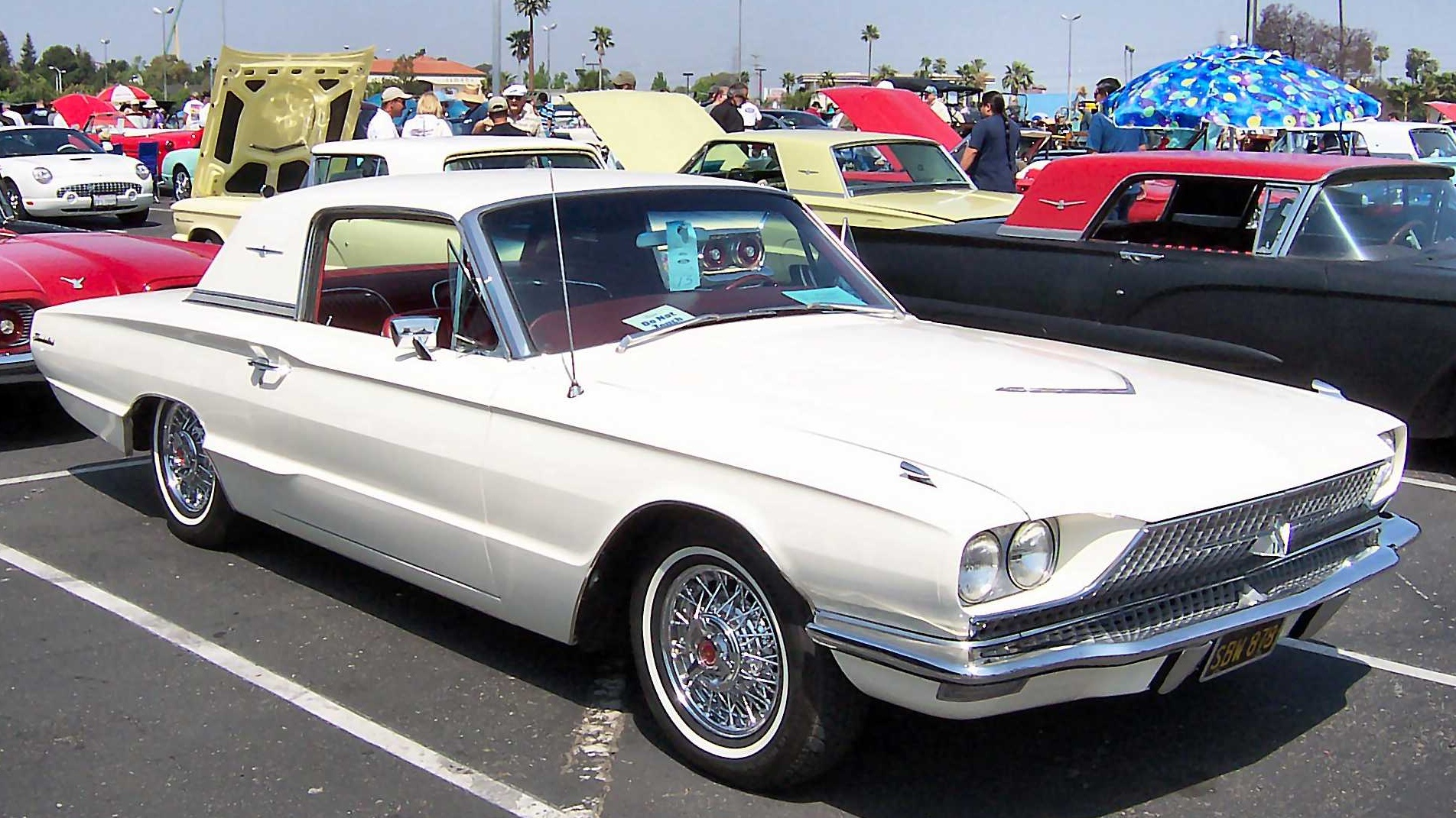 1966 Ford Thunderbird hardtop at Fabulous Fords Forever, Buena Park, California, April 17, 2005. Photo: Morven (source-file edit by Thomas doerfer) / Wikimedia Commons, CC BY-SA 3.0 (https://creativecommons.org/licenses/by-sa/3.0/). Source: https://commons.wikimedia.org/wiki/File:1966_Ford_Thunderbird_Hardtop_White.jpg. Cropped to 16:9; image remains under this license.