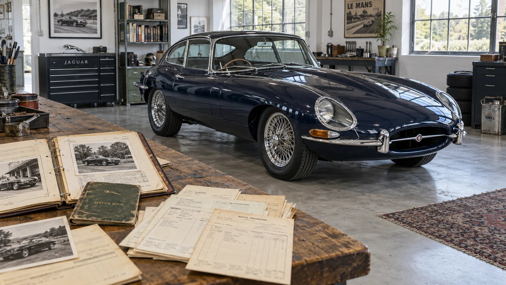 A Jaguar E-Type presented alongside its records.