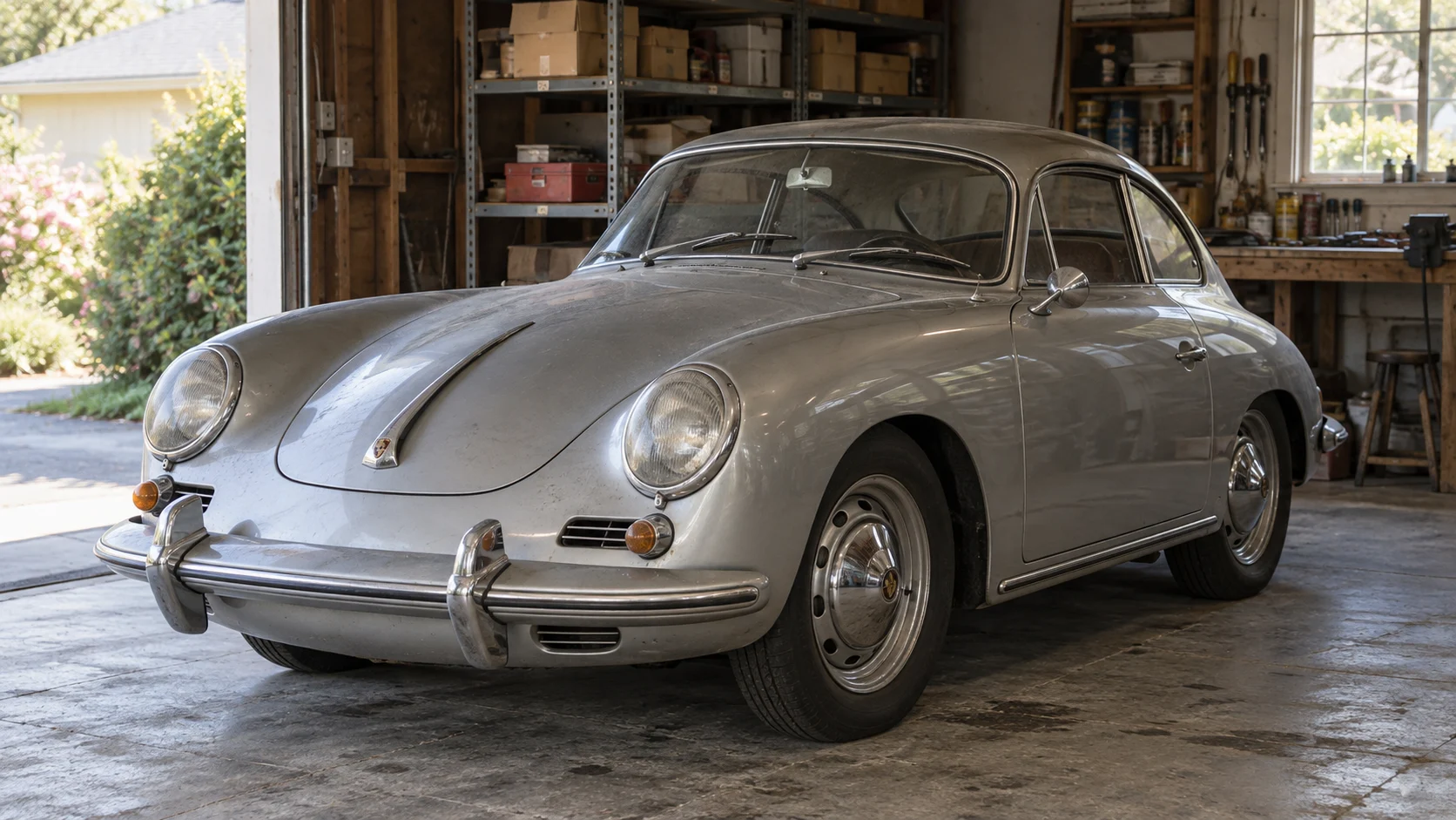 A stored Porsche 356 in a private garage.