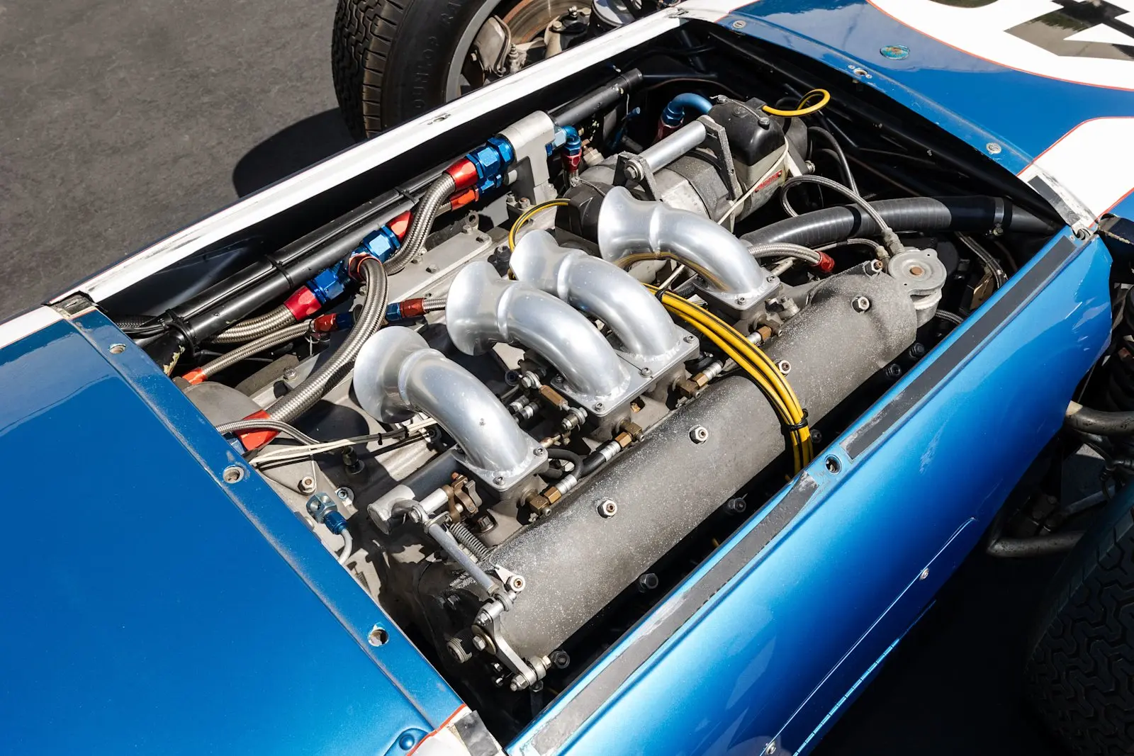Leo Goossen’s 2,443 cc double-overhead-camshaft inline four used Hilborn fuel injection and desmodromic valve operation. Photography courtesy Mecum Auctions.